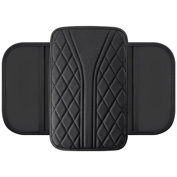 PU Leather Car Armrest Cushion, Center Console Cover with Side Storage Pocket, Non-Slip Interior Protector for Most Sedan Truck, Breathable Diamond Pattern, Black