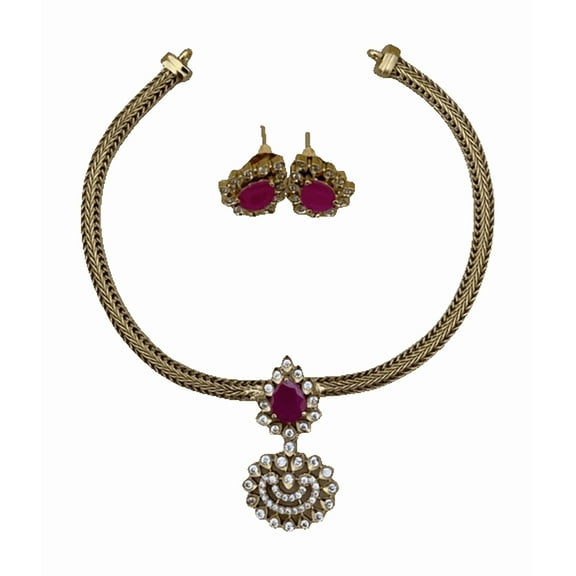 South Indian Bollywood Gold Plated AD CZ White & Ruby Stone Haram Matte Finish Brass Necklace with Matching Earrings Jewelry Set