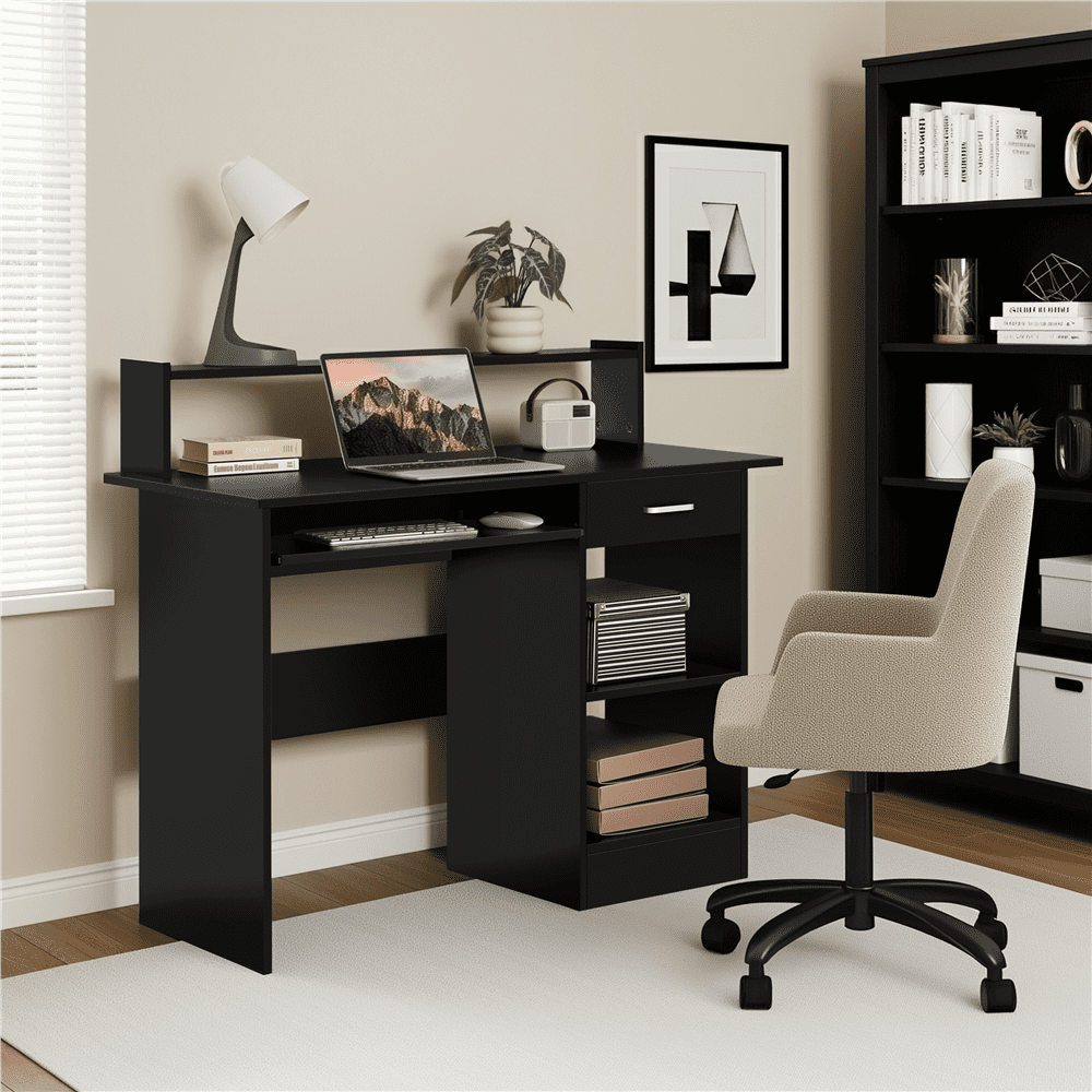 Alden Design Wooden Home Office Computer Desk with Drawers and Keyboard Tray, Black