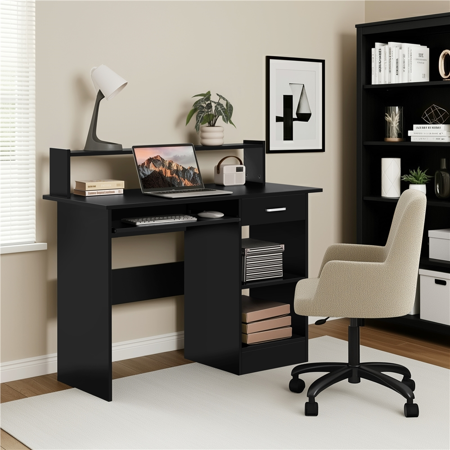 Alden Design Wooden Home Office Computer Desk with Drawers and Keyboard Tray, Black