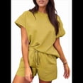 thumbnail image 1 of Women's 2 Piece Solid Color Round Neck Casual Textured Fabric Short Sleeve Pajamas Sweatsuit Set Yellow M, 1 of 7