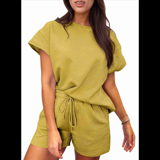 Conjunto de Pijama de 2 Piezas para Mujer, Color Liso, Cuello Redondo, Informal, de Tela Texturizada, Corta, Amarillo, Talla S
