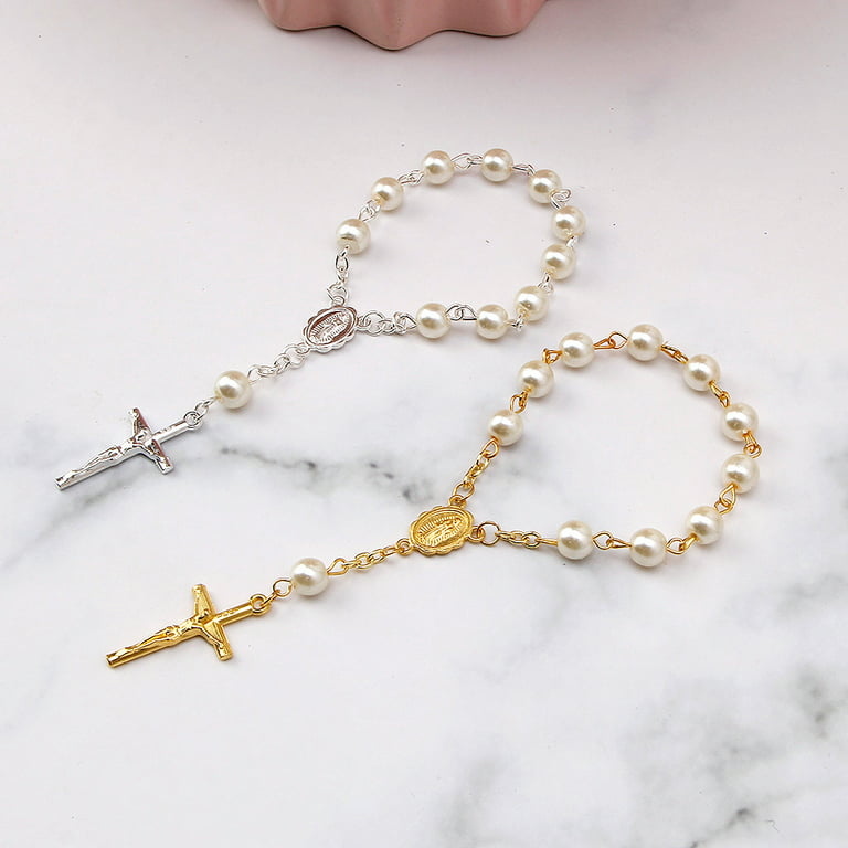 Catholic Cross Finger Chain Mini Rosary Finger Baptism Rosaries Faux Pearls  Bracelet for Baptism Favors Christening 