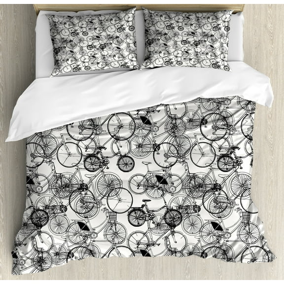 Sketchy Duvet Cover Set, Vintage Retro Bicycle Bike Hand Drawn Vector Abstract Design Image Art, Decorative 3 Piece Bedding Set with 2 Pillow Shams, King Size, White and Dark Sepia, by Ambesonne
