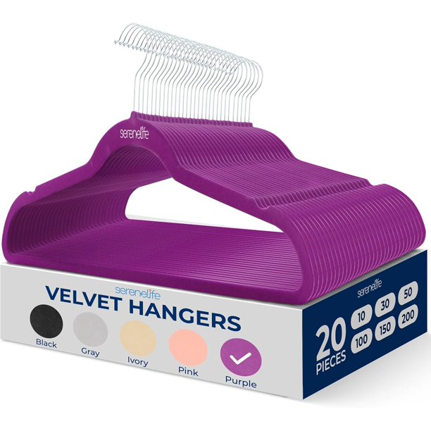 Ganchos de Terciopelo Premium Serenelife, Ahorradores de Espacio, Resistentes, con Gancho Metálico Giratorio de 360°, para Trajes, Pantalones y Vestidos, Morado, Pack 20