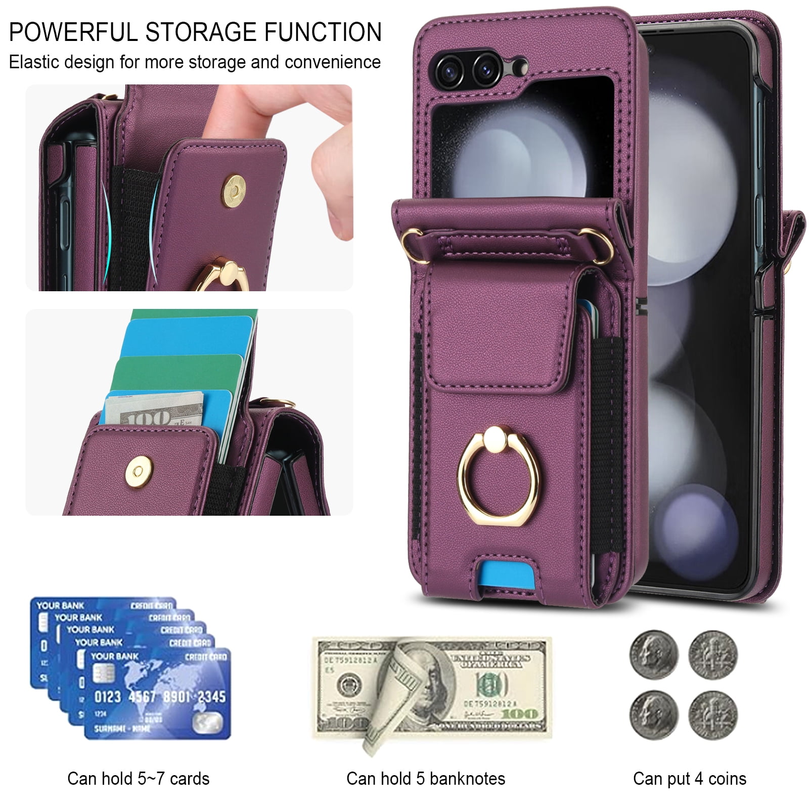 for Motorola Razr 60/Razr 2025 Case, Retro PU Leather Shockproof Protection Phone Case Wallet Built in Credit Card Slots Flip Cover Finger Ring Stand with Long Strap + Short Strap, Darkpurple