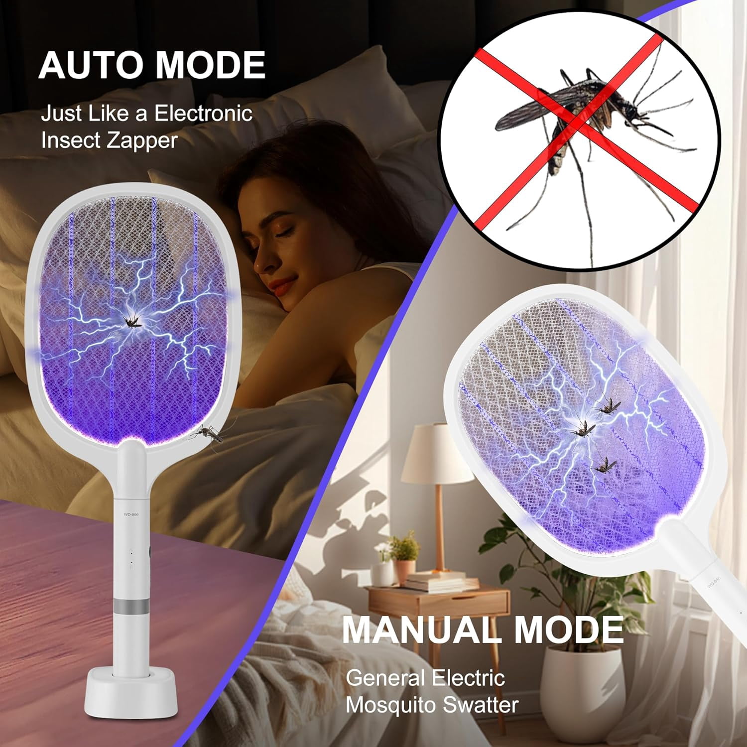 Electric Fly Swatter Racket, 4000V Bug Zapper Racket Rechargeable Fly Zapper Dual Modes Mosquito Swatter Portable with Purple Light & 3-Layer Safety Nets for Indoor & Outdoor, 1 Pack