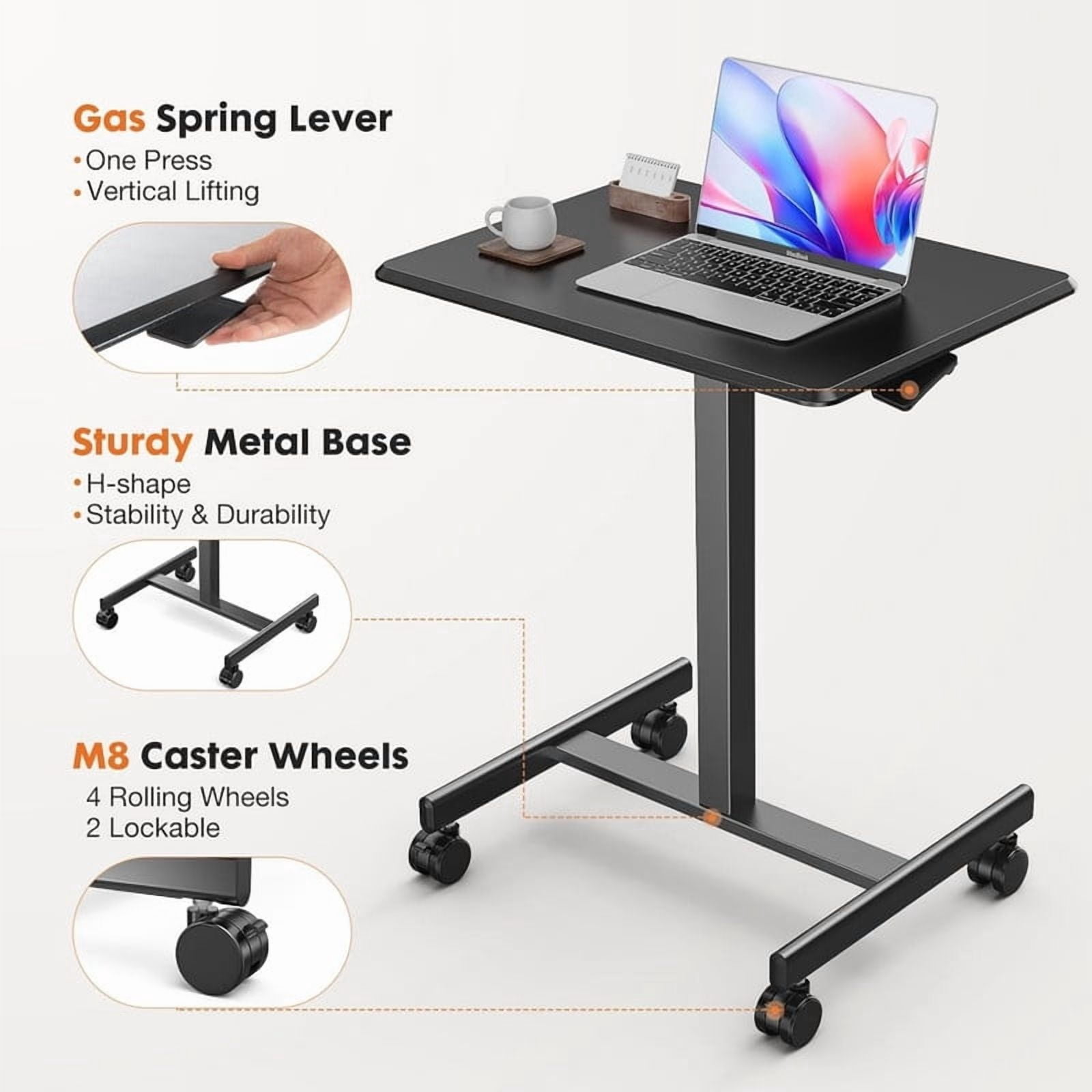 Kelno Mobile Standing Desk Adjustable Height Laptop Desk with Lockable Wheels, Black