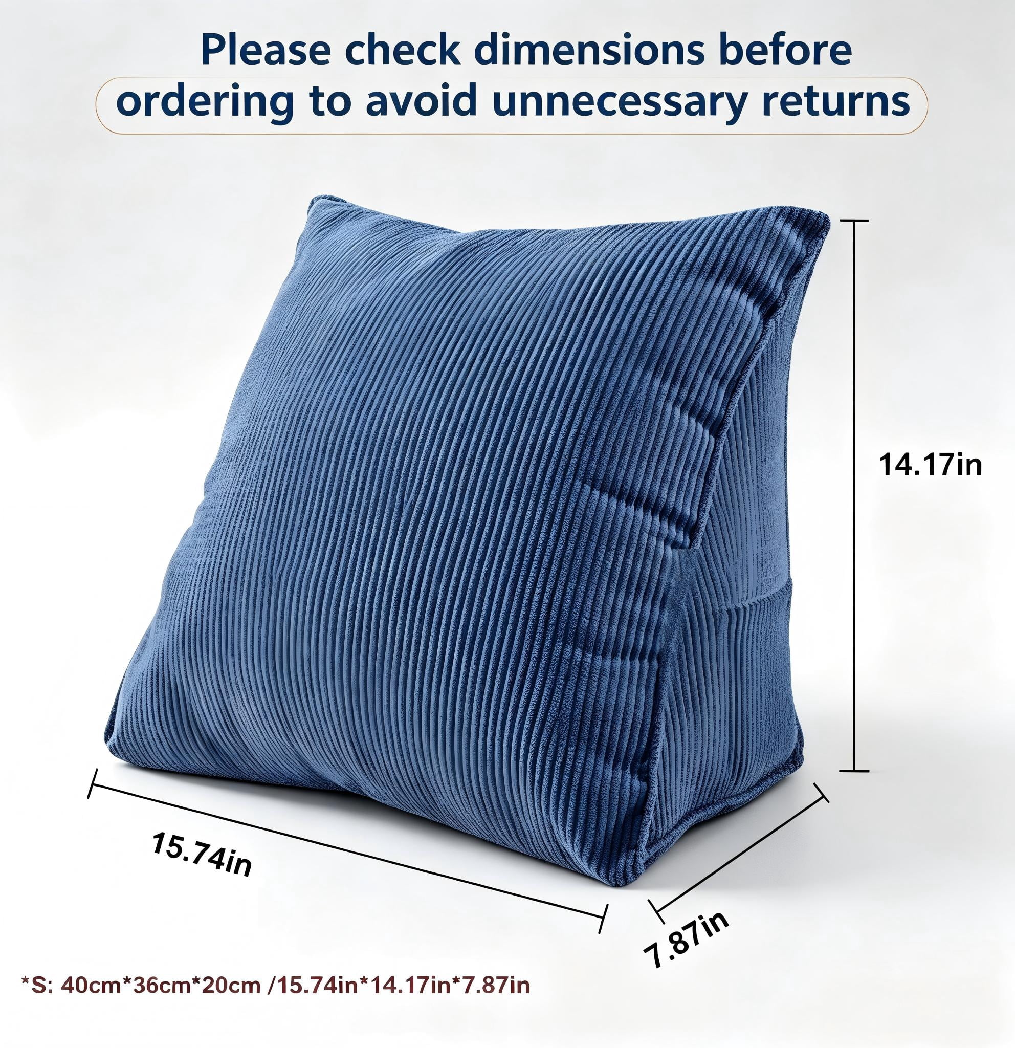 Backrest Cushion Wedge Pillow for Bed, Lumbar Support Pad for Sitting in Bed, Back Pillow for Reading and Watching TV (Blue)