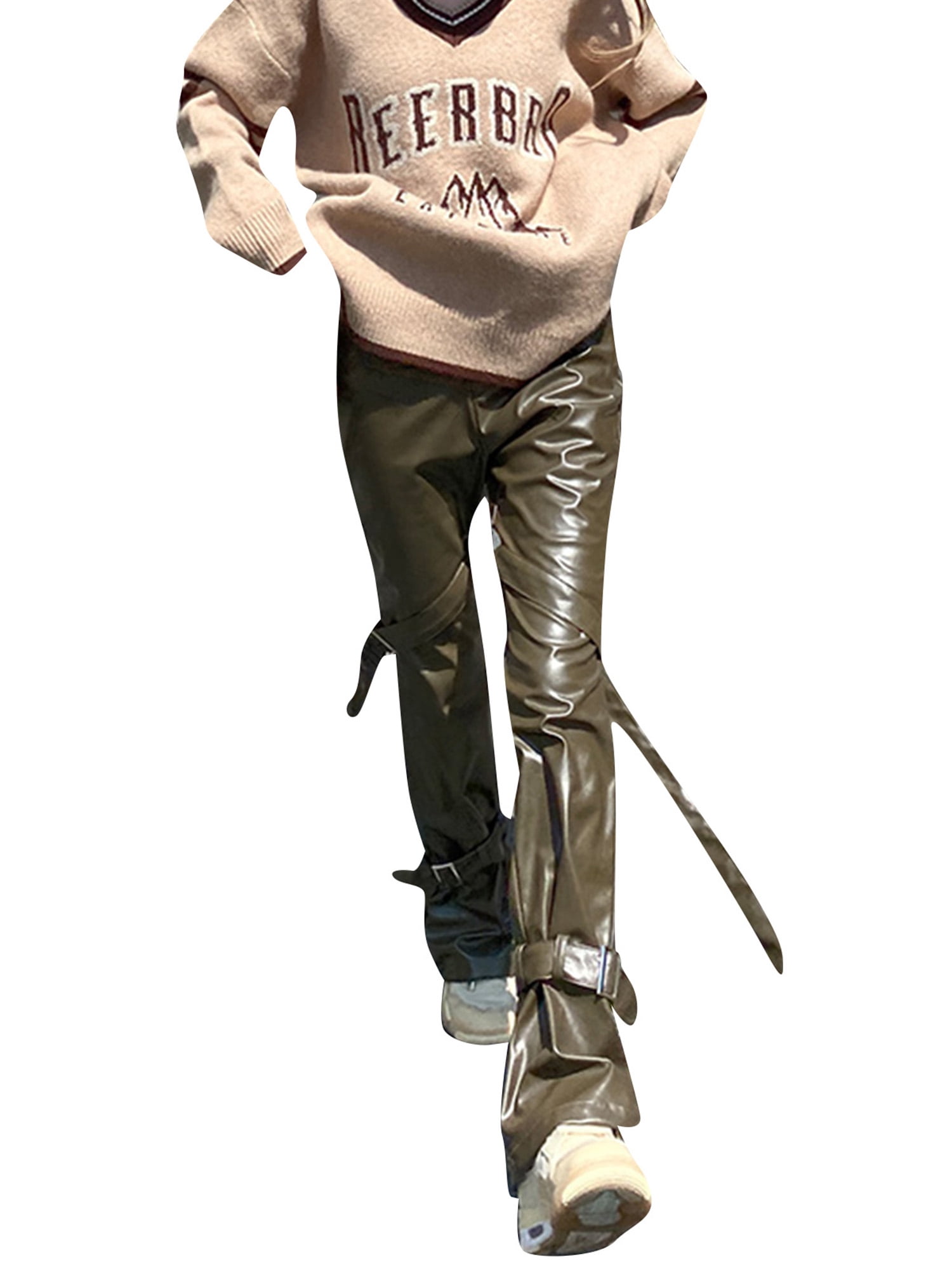 Canrulo Women Faux Leather Pants High Waist Straight Wide Leg Leggings Gothic Punk Trousers