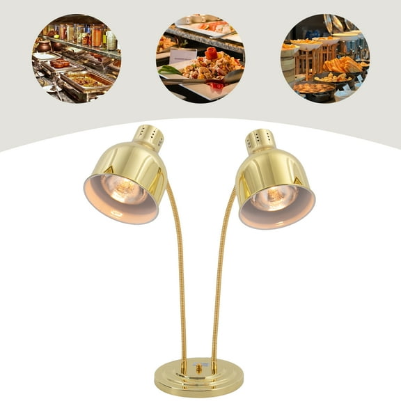 Stainless Steel Food Warming Lamp 2-Head Food Warming Light with 250W E26 Heating Bulbs Modern Gold Food Heat Lamp with 360° Swiveled Hose Tabletop Mount Type