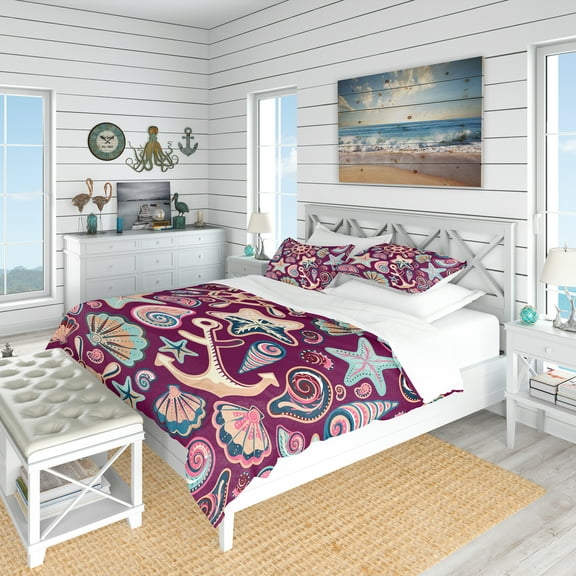 Designart 'Purple Sea Shells' Coastal Duvet Cover Set