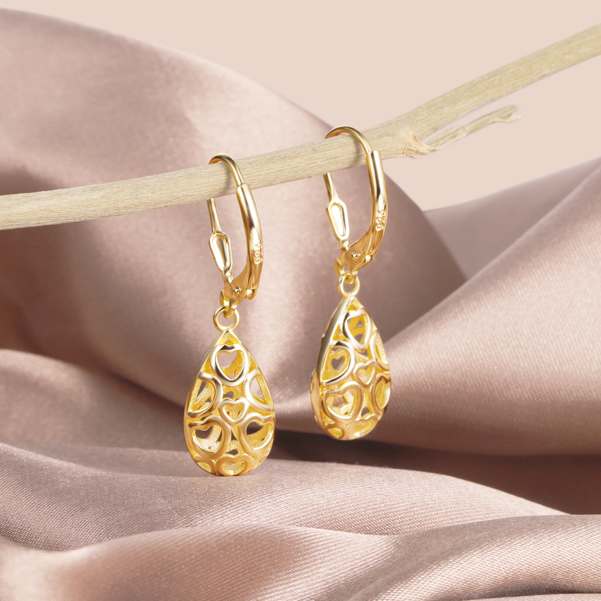 Alexcraft 14K Gold Plated Teardrop Leverback Filigree Dangle Earrings, Hypoallergenic Sterling Silver Plated earrings for Women
