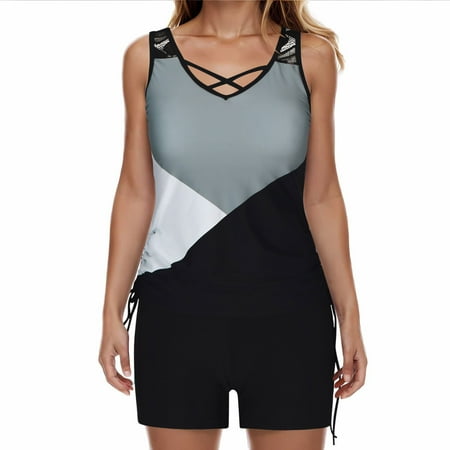 Women s Tankini Swimsuit Tummy Control 2 Piece Bathing Suit Striped Print Swim Tank Top With Boyshorts Dark Gray XXL
