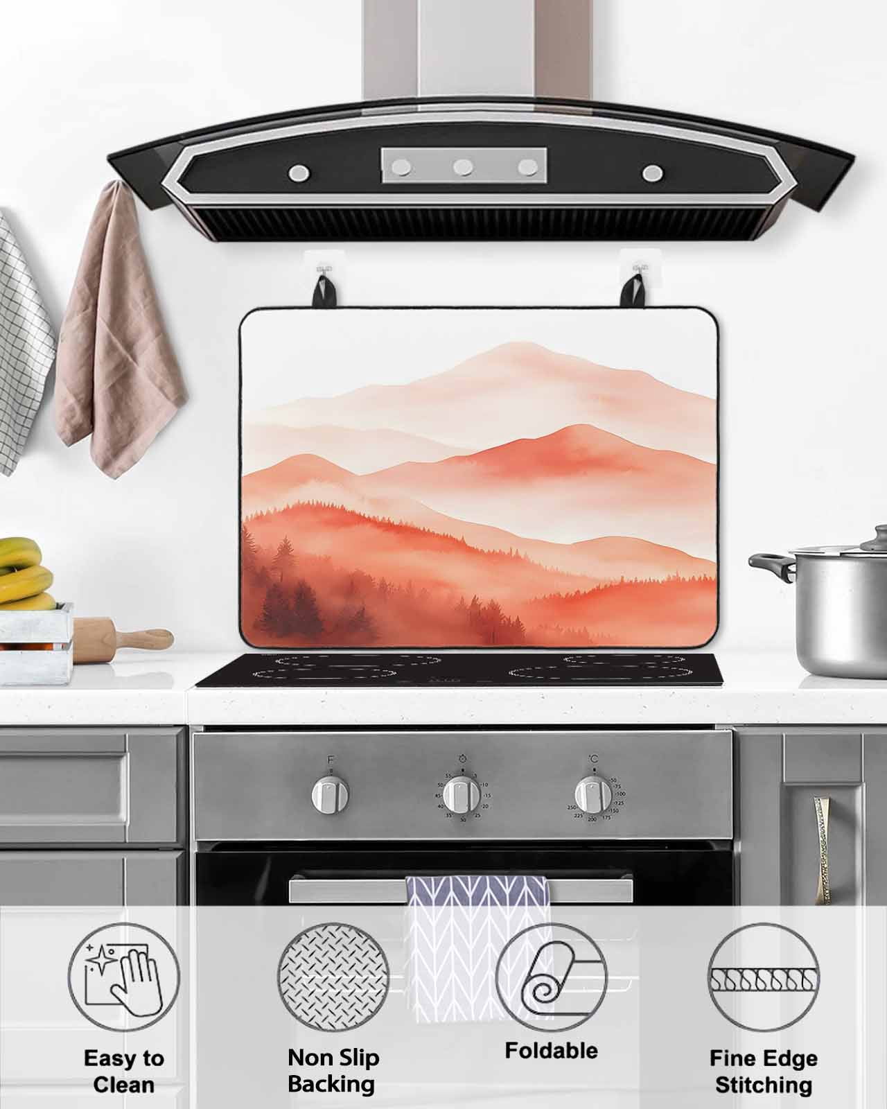 nqOlkjepod Large Induction Cooktop Protector Mat 24"x21", Boho Red Forest Stove Top Covers for Electric Stove, Modern Watercolor Mountains Trees Stove Burner Cover Mats, Glass Top Stove Cover