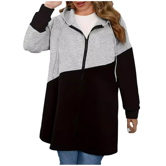Women's Plus Size Fall Winter Color Block Hooded Drawstring Mid-Length Coat Casual Long-Sleeve Full-Zip Jacket Top
