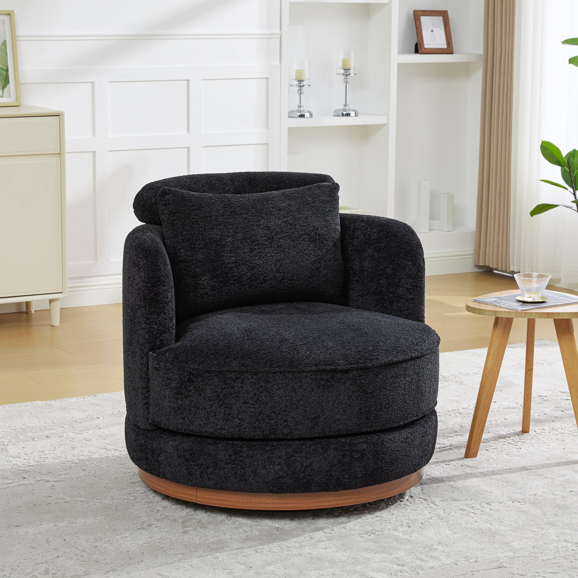 Leumius 360°Swivel Barrel Chair with 1 Plump Pillow and a Circular Wooden Base Ring, Round Chair with Removable Cushion for Living Room Bedroom Apartment,Black