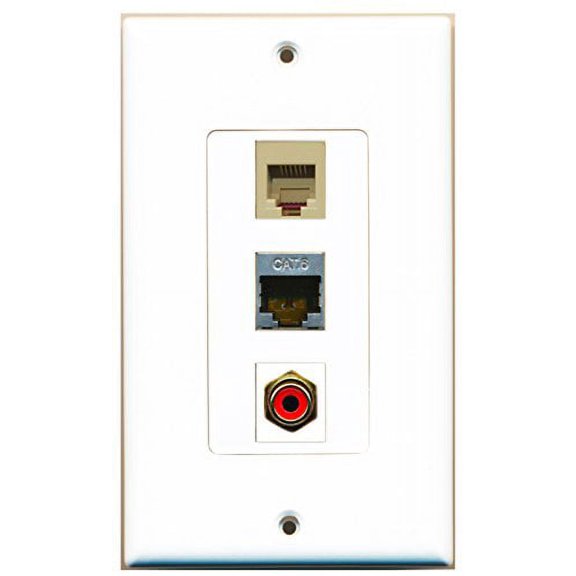 RiteAV - 1 Port RCA Red and 1 Port Phone RJ11 RJ12 Beige and 1 Port Shielded Cat6 Ethernet Decorative Wall Plate Decorative