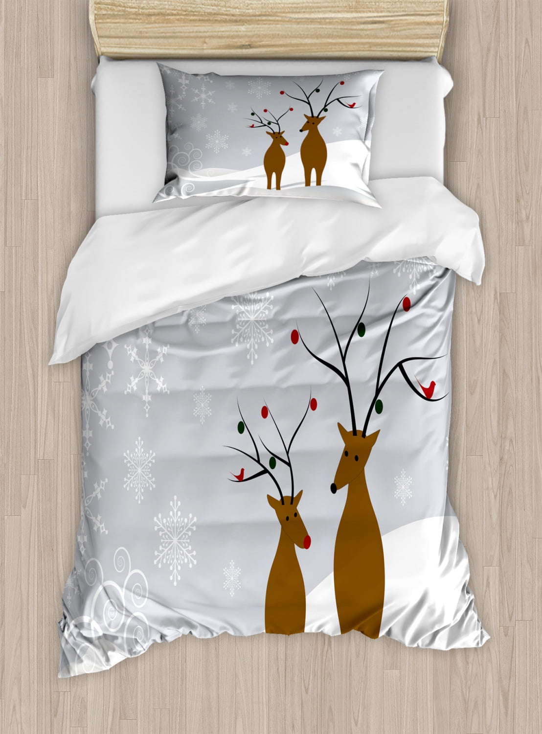 Christmas Duvet Cover Set Queen Size, Cute Reindeers at Noel Time Yule with  Snowflakes in Winter Santa Print, Decorative 3 Piece Bedding Set with 2
