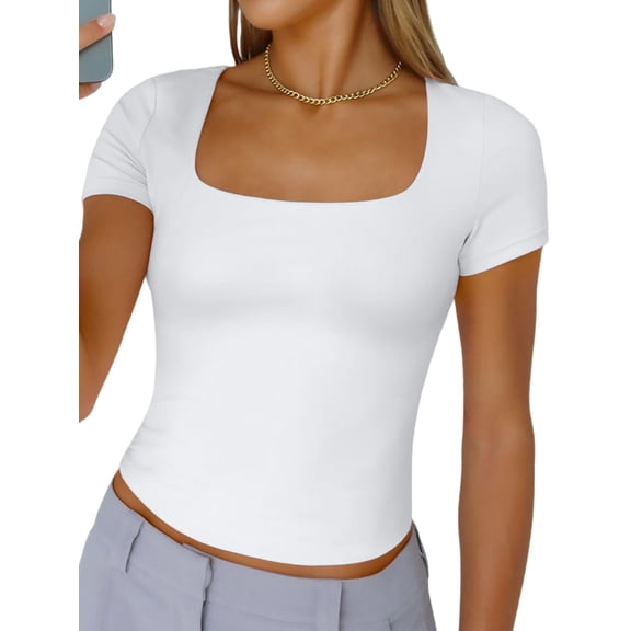 Gynyvoja Women'S Short Sleeve Tshirts Square Neck Cute Crop Tops Spring Summer Basic Tees Workout Going Out White XL