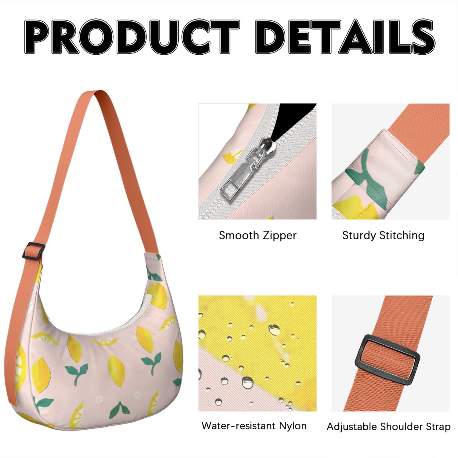 Summer Lemon Pattern Nylon Hobo Bag for Women, Bright Yellow Lightweight Shoulder Purse, Retro Crossbody Tote Handbag, Water-Resistant and Durable for Travel