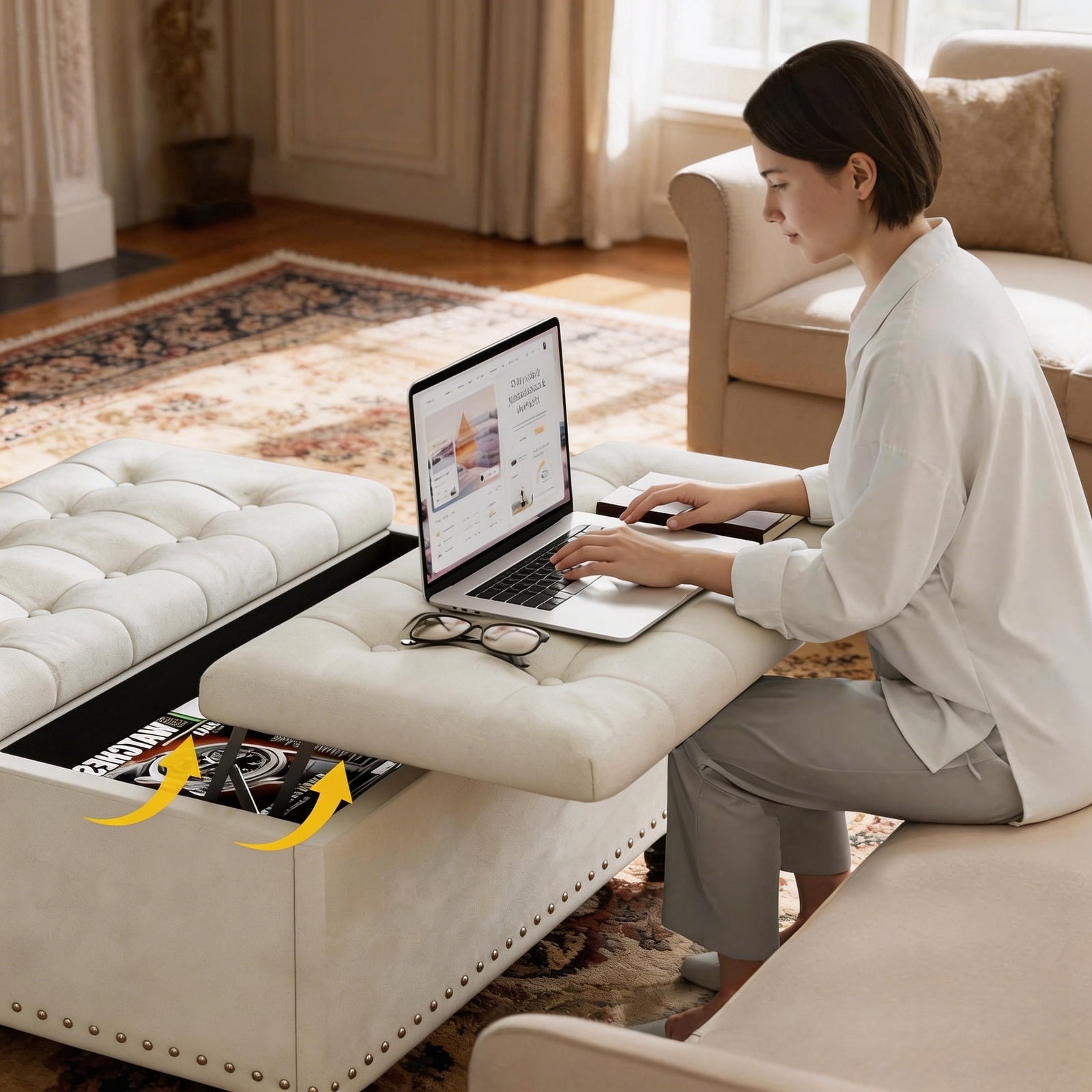 Kbun 33.5 inch Large Square Storage Ottoman, Tufted Upholstered Coffee Table with Lift Top & Solid Wood Legs, Oversized Storage Bench Ottomans Toy Box for Bedroom, Living Room, Entryway, White