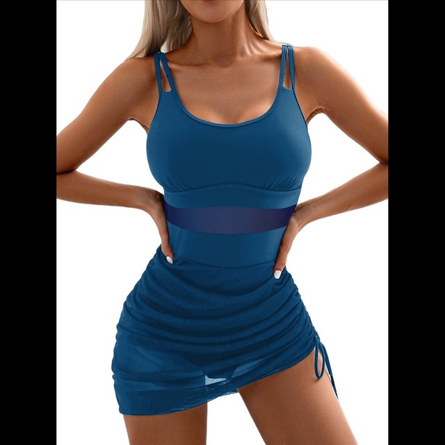 Traje de Baño de una Pieza para Mujer, con Control de Abdomen, Adelgazante, Pareo Transparente, Color Verde Pavo Real, Talla S