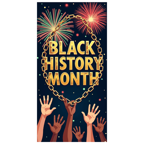 Black History Month Celebration Banner Event Party Backdrop with Colorful Fireworks Decorations and Raised Hands for Cultural Awareness Display Photography