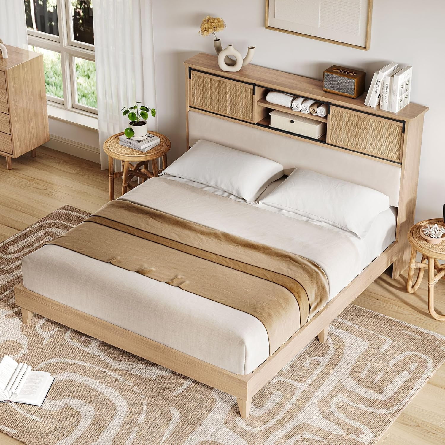 Shininglove King Size Rattan Bed Frame with Storage – Boho-Chic Bedroom Furniture with Sliding Door Shelf, Solid Wood Slats, & No Box Spring Needed – Easy Assembly Natural Oak