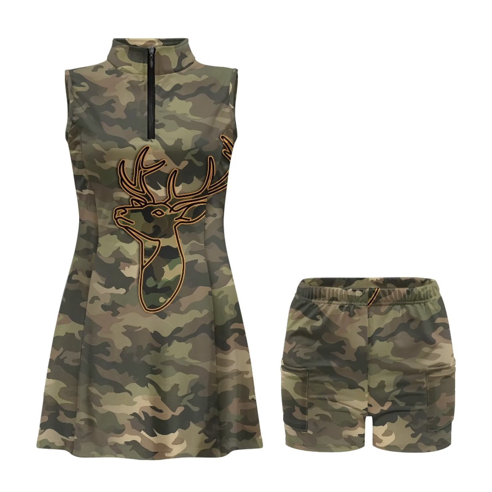 Yuyamidu Camo Deer Womens Workout Golf Dress Zipper Collared Workout Dress Built in Shorts Summer Outfits Dry Fit Golf Clothes for Women Size 2XL