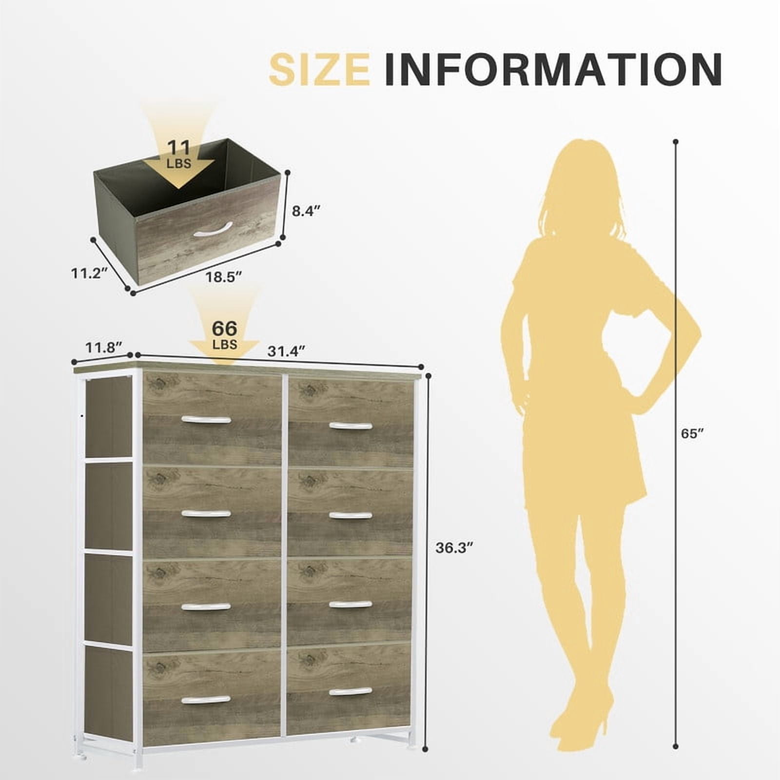 Simenmax 8 Drawer Dresser for Bedroom Fabric Dresser Chest of Closets Storage Units Organizer Tower Wooden Top Shelf for Bedroom, Hallway, Entryway, Closet,Oak Greige