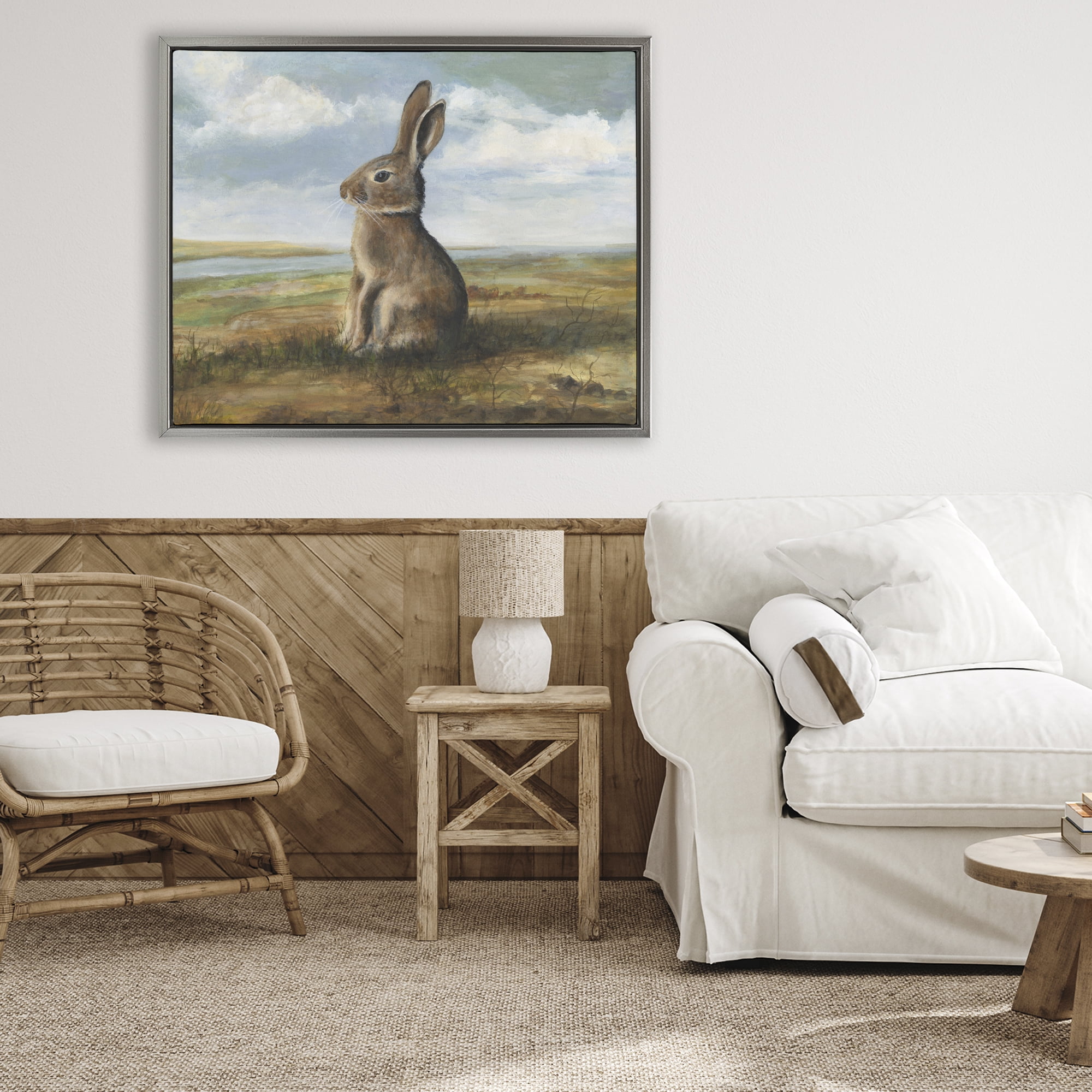 Stupell Industries Classic Rabbit in Countryside Gray Framed Floater Canvas Wall Art, design by Michael Willett
