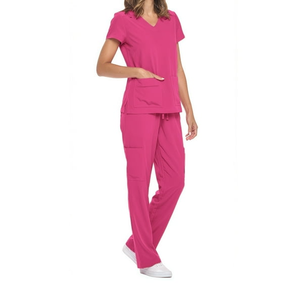 Delliss Women's Nursing Uniforms Scrub Set V Neck Top With Pocket Drawstring Pants Casual Two Piece Set Hot Pink S