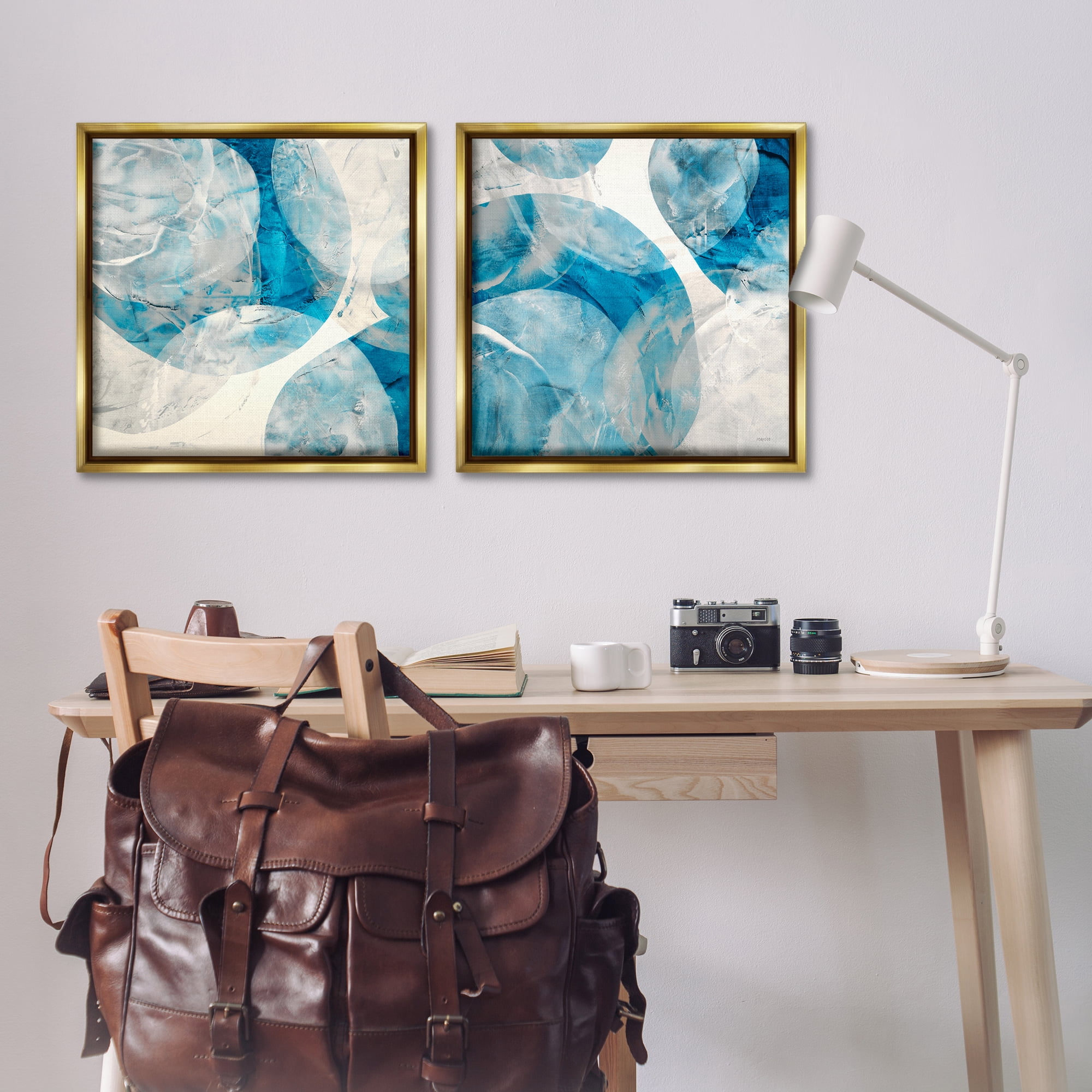 Stupell Industries Abstract Teal Cream Circles Abstract Painting Gold Floater Framed Canvas Art Print Wall Art, 25 x 25, Set of 2