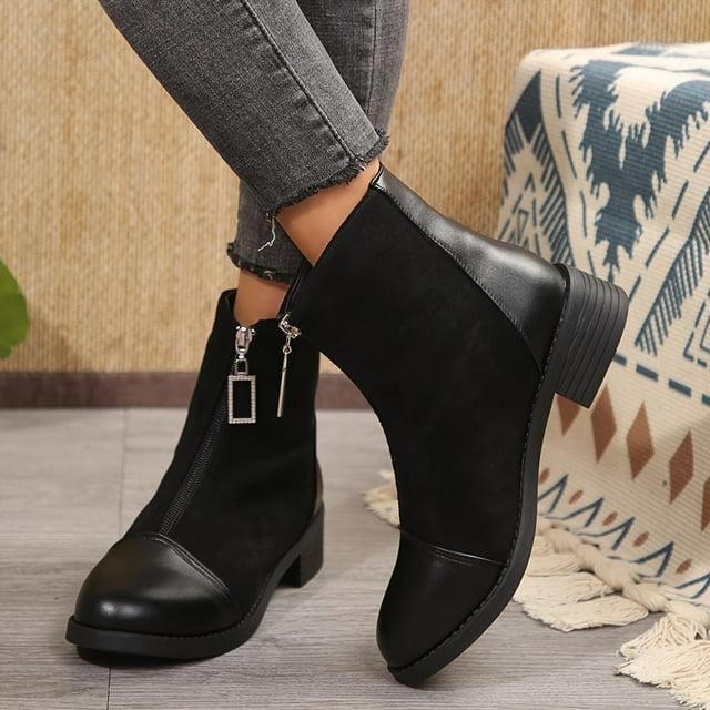 Styesk Boots for Women Women's Fashion Casual Spring Style Boots Solid Color Stitching Round Toe Front Zipper Thick Heel Low Heel Ankle Boots Work Boots for Women