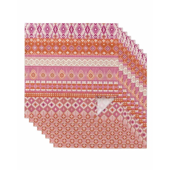 Pink Orange Boho Cloth Napkins Set of 8 Reusable Dinner Napkins, Vintage Ethnic Tribe Abstract Art Cocktail Napkin Washable Table Napkins for Wedding/Holiday Party/Baby Shower 20"x20"