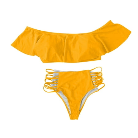 MGCWSH Women s Off Shoulder Ruffle Bandeau Bikini Swimsuit Top Yellow S