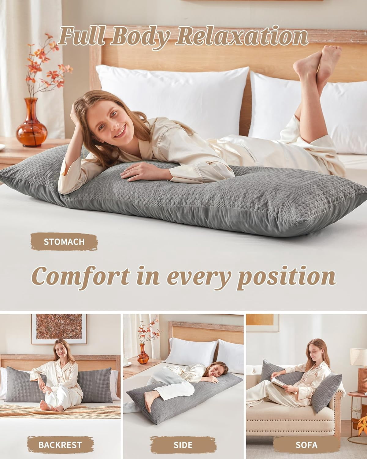 Nalqet Waffle Textured Decorative Lumbar Pillow 20x54 inch – Soft Polyester Long Throw Pillow for Sofa, Bed & Couch, Grey