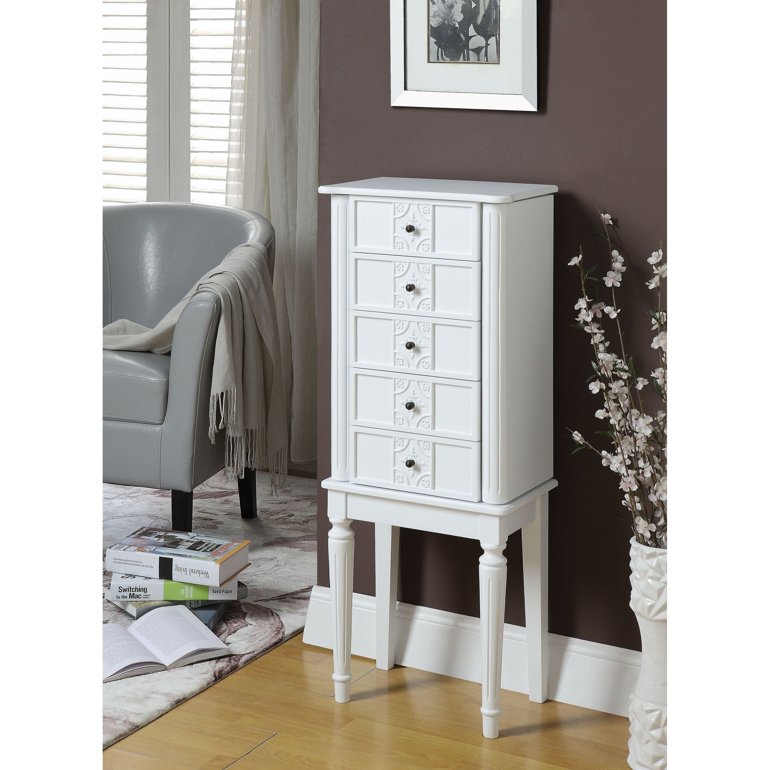 Benzara Wood Jewelry Armoire With 5 Drawers in White