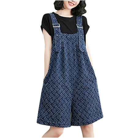 

LWZWM Overall Jumpsuit for Women Jean Shorts Sleeveless Square Collar Romper Solid Color Sling Romper Pants Denim Jumpsuit Double Pocket Loose Jumpsuit Shorts Strap Pants Dark Blue M