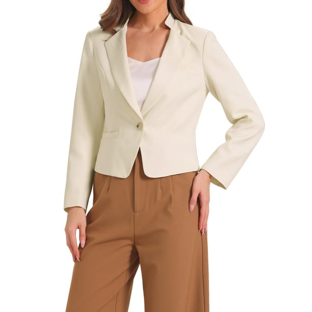 Blazer de trabajo casual INSPIRE CHIC para mujeres, con mangas largas, solapa, botones y bolsillos, color beige L