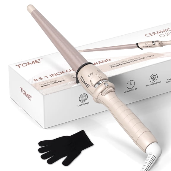 ToMe Professional Ceramic 1/2-1 inch Tapered Hair Curling Wand ,180℉-410℉ Fast Heating Dual Voltage Wand Curler for All Hair Type