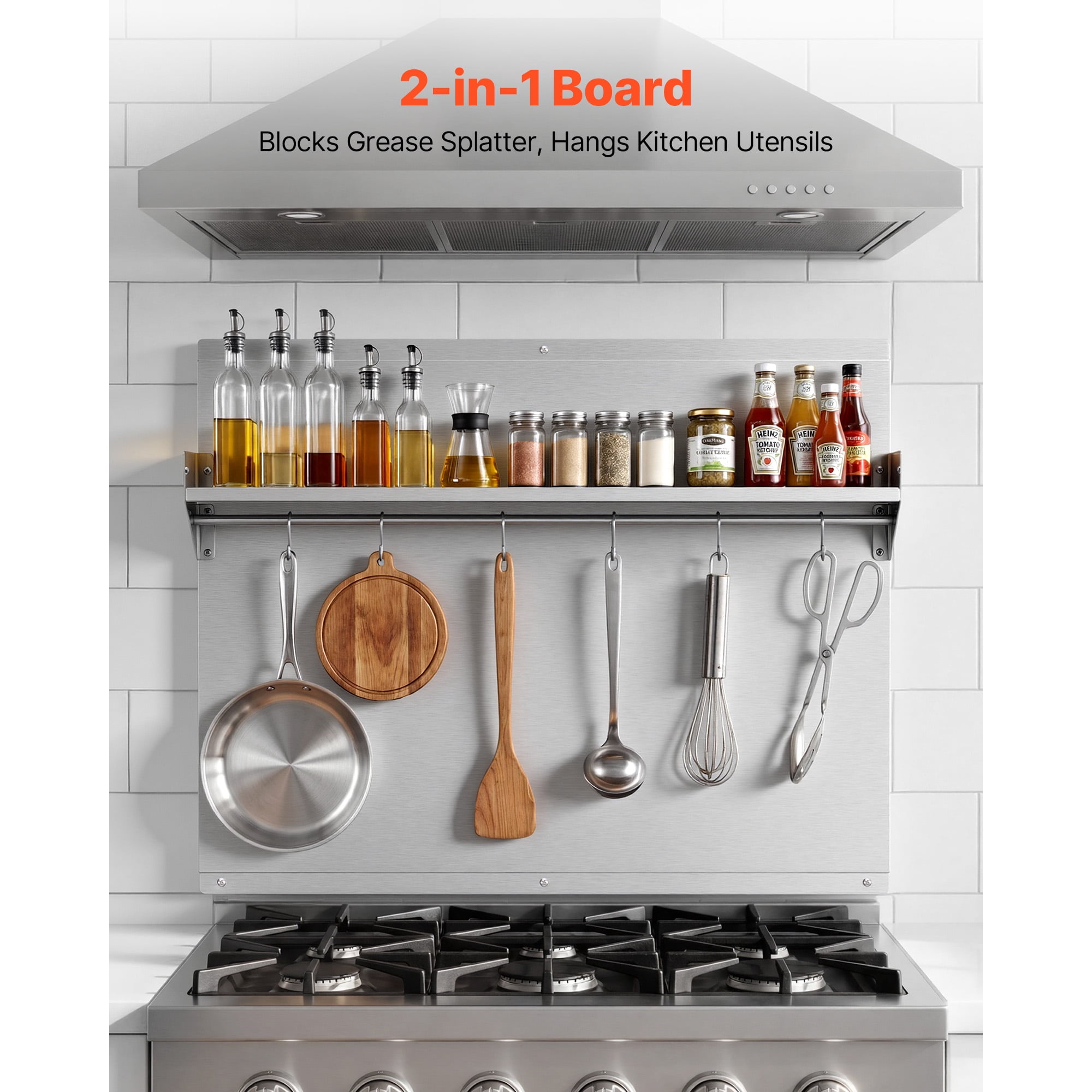 KFFKFF 30" x 24" Stainless Steel Stove Backsplash, Flat Splatter Guard with Shelf & Hanging Rack, Wall Protector Panel, Easy to Clean, Pre-Drilled Holes for Quick Installation
