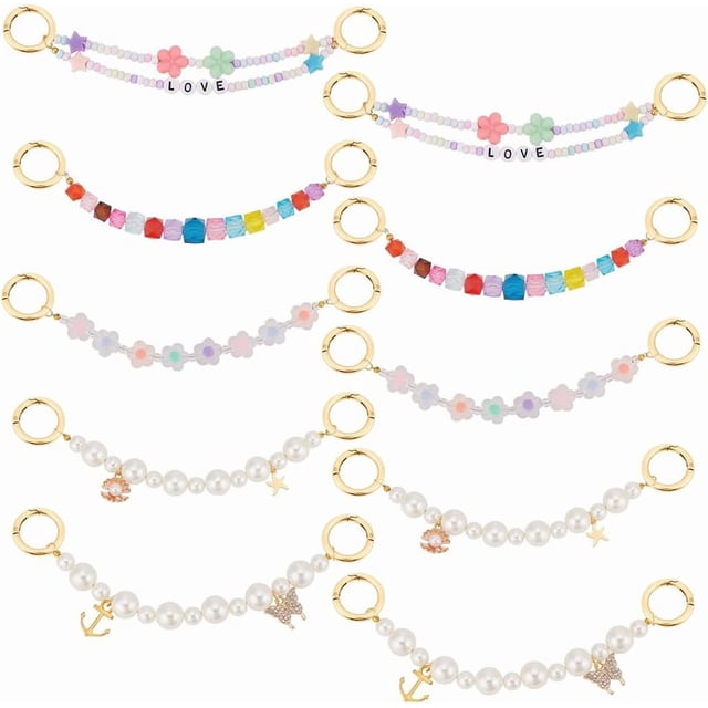10 colgantes acrílicos para zapatos con forma de flor, cadenas coloridas con perlas, colgante doble con la palabra AMOR.