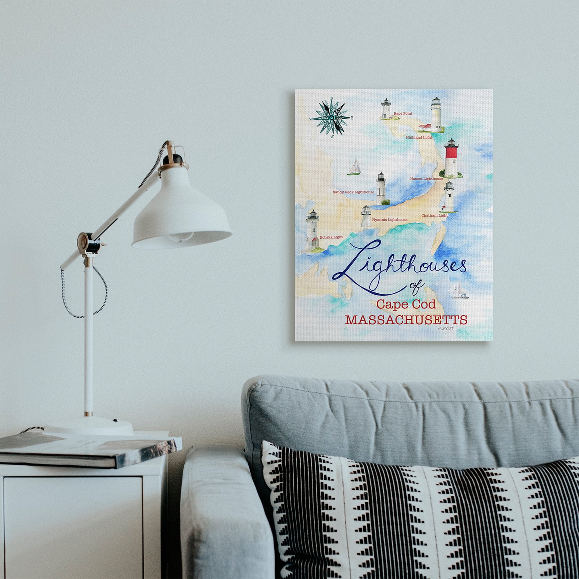 Stupell Industries Coastal Map of Cape Cod Massachusetts Lighthouses Canvas Wall Art, 24 x 30, Design by Melissa Hyatt LLC