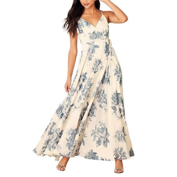 hirigin Womens Slip Long Dress Large Swing Slit Flower Print Tie-up Casual Suspender Dress