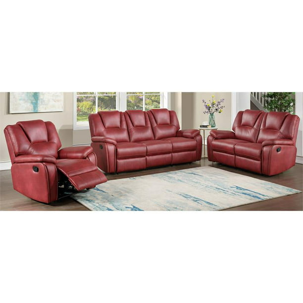 Faux Leather 3 Piece Reclining Set, Red Leather Loveseat Recliner Chair