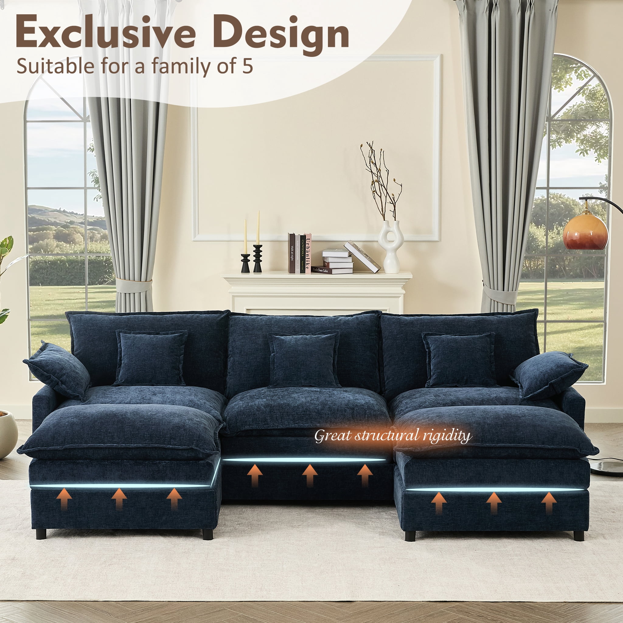Bigsyy 3 - Seat Sectional Sofa Couch, Comfy Cloud Style, Deep Seat, Sleeper Function with Throw Pillows. Ideal for Adult - Occupied Living Rooms, Modern Design, Cozy Chenille, Navy