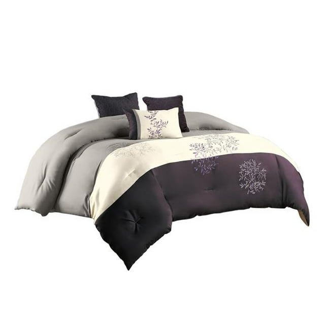 Benjara BM225189 Polyester Comforter Set with Leaf Embroidery, Gray & Purple - King Size - 7 Piece