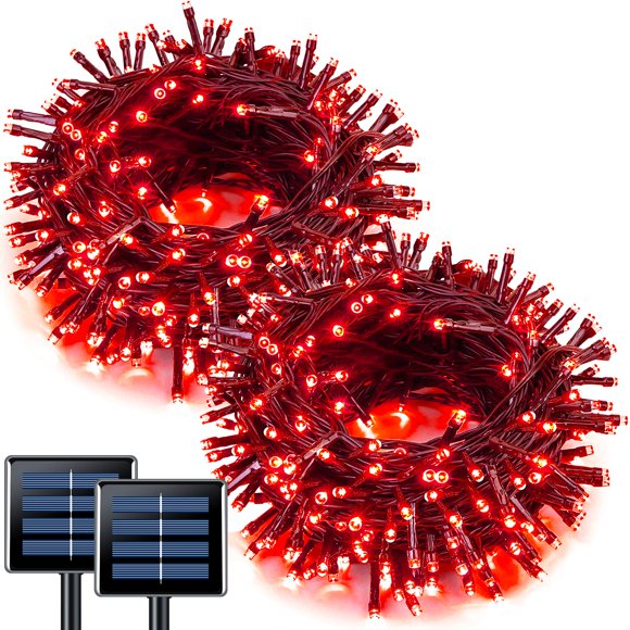 Guirnalda de luces solares JMEXSUSS 200 LED rojas, 8 modos, impermeables
